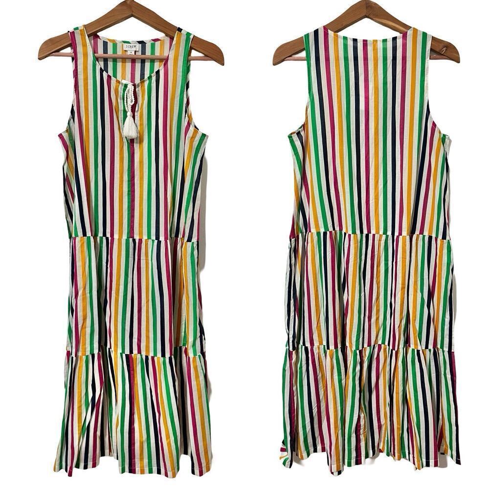 J Crew Multicolor Rainbow Stripe Tiered Midi Dress Size S Swim Cover Up Beachy
